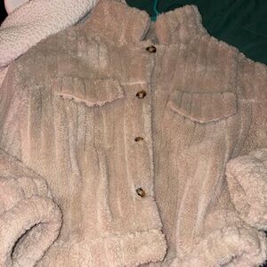 Cozy Plush brown Button-Up Teddy Jacket in Blush medium coat